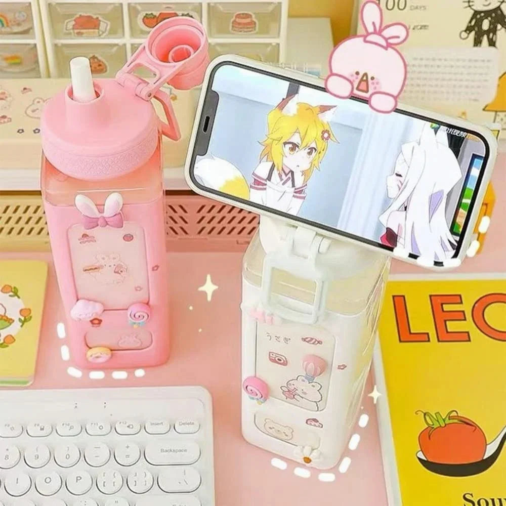 700ml/900ml Kawaii Shaker Water Bottle With Straw Sticker Cute BPA Free Plastic Tea Milk Portable Gourde Drink Bottle For Girl