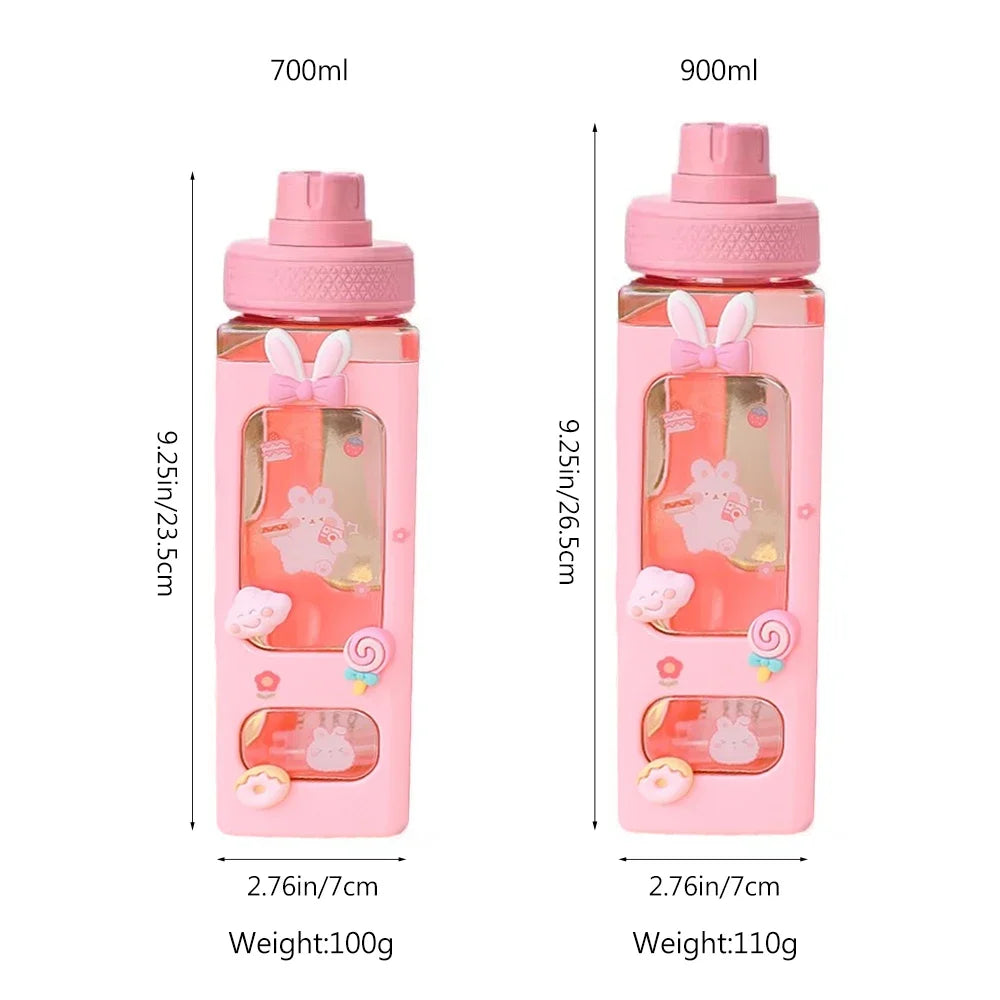 700ml/900ml Kawaii Shaker Water Bottle With Straw Sticker Cute BPA Free Plastic Tea Milk Portable Gourde Drink Bottle For Girl
