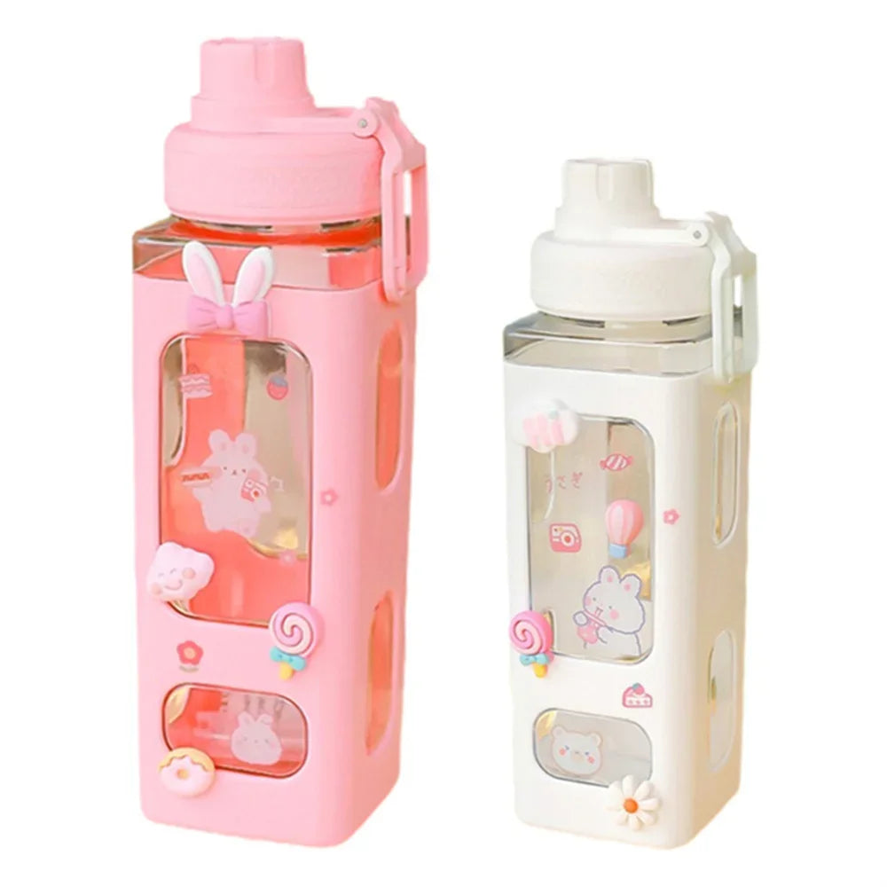 700ml/900ml Kawaii Shaker Water Bottle With Straw Sticker Cute BPA Free Plastic Tea Milk Portable Gourde Drink Bottle For Girl