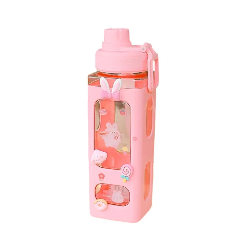 700ml/900ml Kawaii Shaker Water Bottle With Straw Sticker Cute BPA Free Plastic Tea Milk Portable Gourde Drink Bottle For Girl